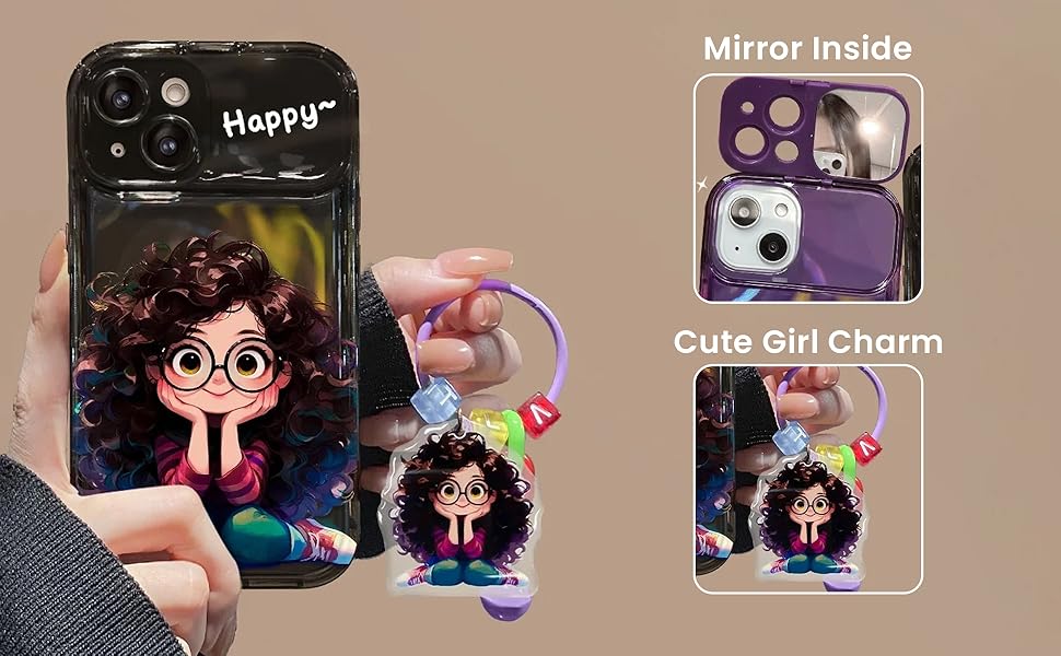 iPhone 13/14/15 back Cover – Cartoon Geek Girl Mirror Case with Charm Slim Shockproof”