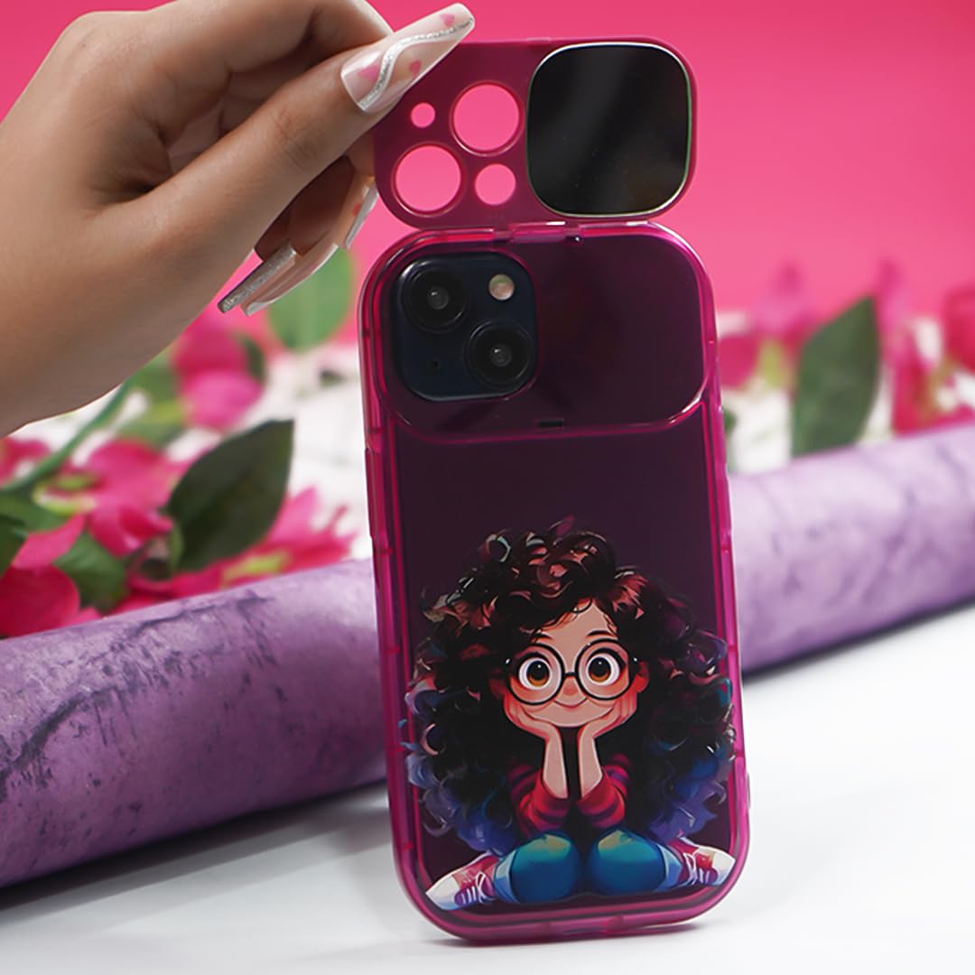 iPhone 13/14/15 back Cover – Cartoon Geek Girl Mirror Case with Charm Slim Shockproof”